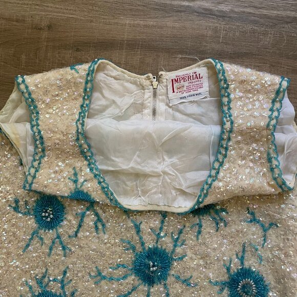 Vintage Beaded Sequin Top Womens Large Cream Blue Ocean Cell 60s Mad Men Mermaid - Picture 5 of 15